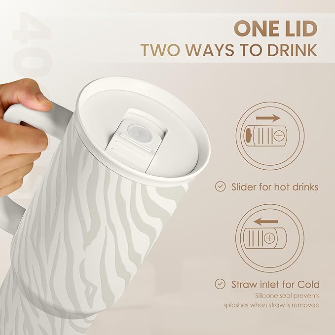 Zebra Skin 40oz Slider Tumbler with Handle and Straw - Insulated Stainless Steel Travel Coffee Mug for Women Girls, Gift for Birthday, Christmas