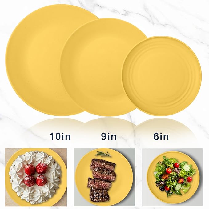 Wrova 40Pack plates and bowls sets for kids - Unbreakable wheat straw dinnerware sets service for 8 - Alternative plastic 40pcs dish sets for kitchen, camping and indoors dinning - (Yellow)