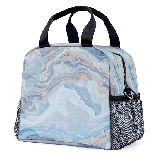 Blue Marble Lunch Bag for Women Men Cute Large Capacity Thermal Lunch Tote Reusable Washable with Adjustable Shoulder Strap and Dual Large Mesh Side Pockets