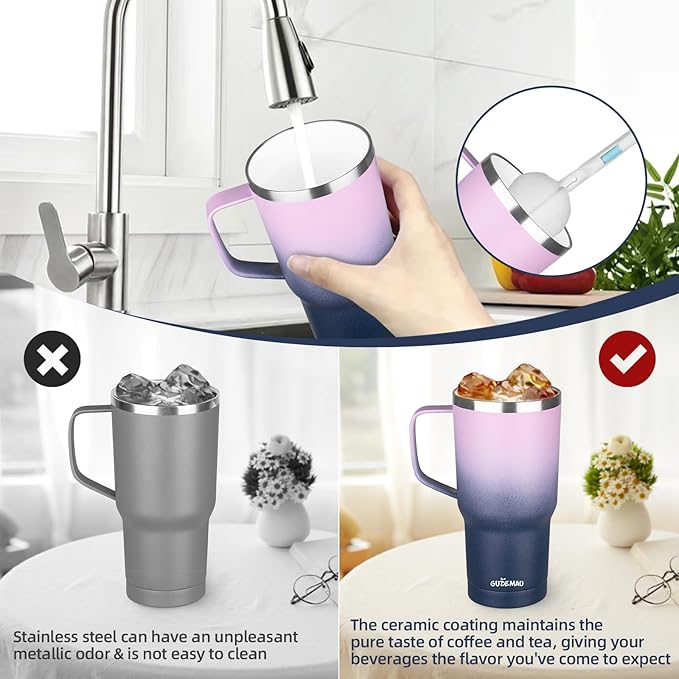 20 oz Insulated Coffee Mug with Ceramic Coating, Stainless Steel Travel Mug Tumbler with Handle Lid and Straw, Double Wall Leak-Proof Coffee Travel Mug Keeps Drink Hot and Cold (Purple blue)