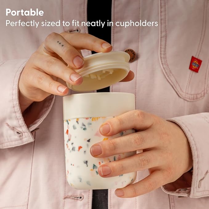 W&P Porter Ceramic Mug w/ Protective Silicone Sleeve, Terrazzo Charcoal 12 Ounces | On-the-Go | Reusable Cup for Coffee or Tea | Portable | Dishwasher Safe