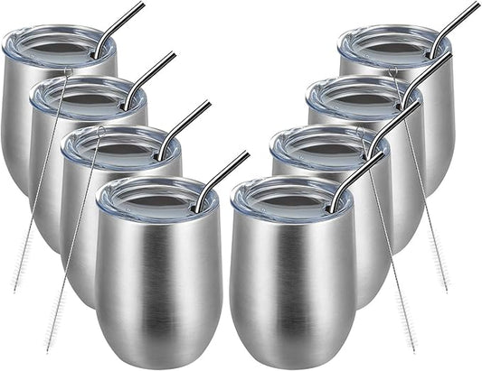 MEWAY 12oz/8 Pack Wine Tumbler Glasses with Lid - Stemless Double Wall Vacuum Stainless Steel Travel Tumbler - Keeping Cold & Hot for Wine,Coffee,Cocktails,Drinks-Family and Gifts (Silver,Set of 8)