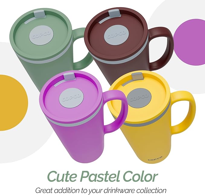 Copco Cone Desk Mug, 16 Ounce (Set of 4) - Double Wall Insulated Mug Set with Lid and Handle, Microwave & Dishwasher Safe, BPA-Free Mug, Desk-Friendly & Car Cup Holder Compatible (Assorted Colors)