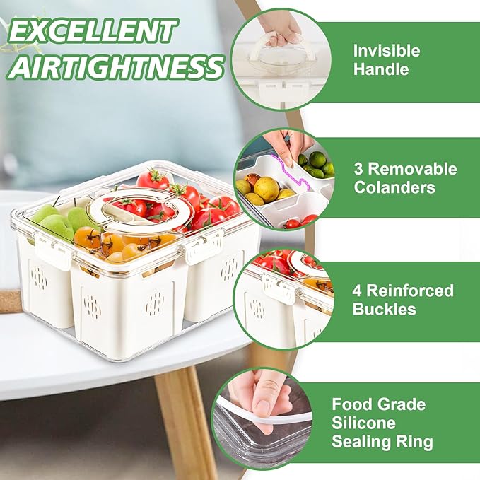shopwithgreen Storage Containers for Fridge with Lid and Handle, Portable Food Box Container with 3 Removable Colanders, Fresh Produce Saver for Fruit, Vegetable, Refrigerator, Kitchen, Home, Picnic
