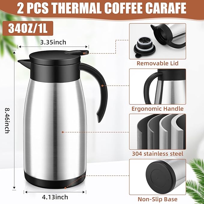 Uiifan 2 Pcs Thermal Coffee Carafe Insulated Stainless Steel Coffee Carafes for Keeping Hot and Cold Double Walled Vacuum Thermal Pot Flask with Brush for Water Milk Tea Home and Office(Silver,34oz)