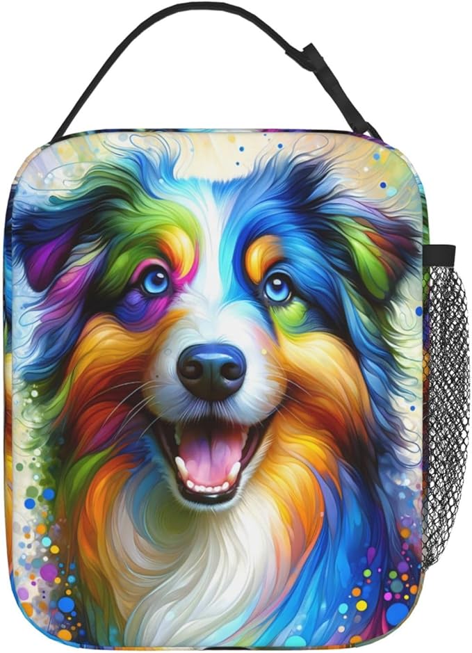 Reusable Dog Lunch Box for Kids Girls Boys Women Adult, Insulated Australian Shepherd Lunch Bag,Polyester Cooler Handbags Case for School Picnic Work Travel Beach or Hiking (Colorful)