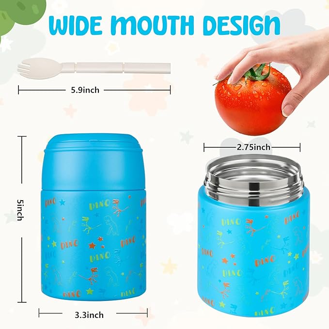 10oz Soup Thermo for Hot Food Kids Insulated Food Jar with Spoon Wide Mouth Stainless Steel Lunch Container Leak Proof Vacuum Food Box for School Travel Picnic Blue Dinosaur