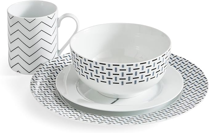 Portmeirion Home Stella 16 Piece Set - Monochrome Porcelain Dinnerware Collection with Patterned Borders, Mix & Match Designs - Ideal for Family Dining, Casual Entertaining & Modern Table Settings