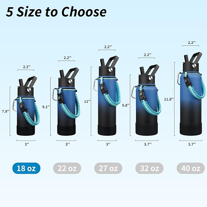 BJPKPK Water Bottle with Straw Lid, 18oz Insulated Water Bottles with 3 Lids, Paracord Handle & Non-slip Boot, Metal Stainless Steel Thermo, BPA Free Leak Proof Tumblers,Blue Black