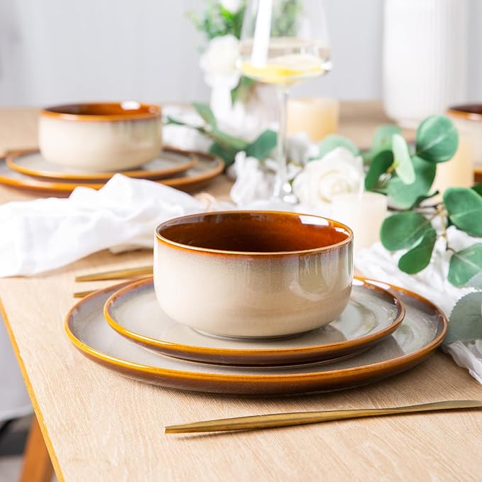 LERATIO Ceramic Dinnerware Sets for 8,Plates and Bowls Sets,Reactive Glaze Dishes Set,Highly Chip and Crack Resistant | Dishwasher & Microwave & Oven Safe Dishes set,Service for 8-Kahki (24pc)