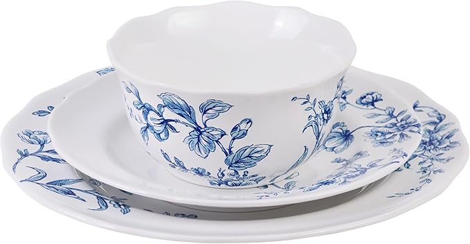 222 Fifth 12-Piece Porcelain Dinnerware Set for 4, White & Blue Plates and Bowls Set, Glossy Ceramic Dish Set with Beautiful Floral Design, Elegant Kitchen Dishes, Microwave & Dishwasher Safe, Bellamy
