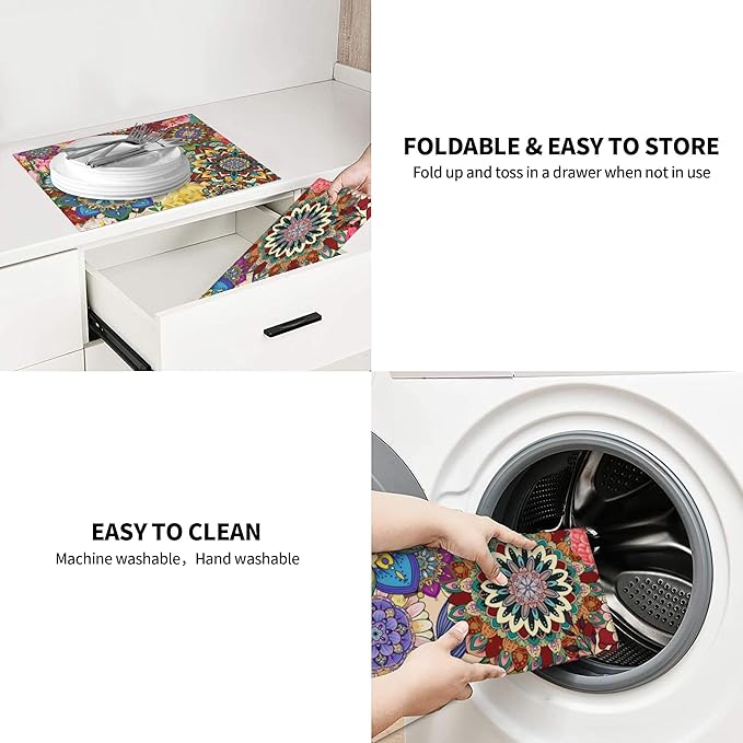 Boho Floral Dish Drying Mat for Kitchen Counter Washable Absorbent Reversible Microfiber Colorful Flowers Drying Pad Kitchen Accessories 16x18 Inch