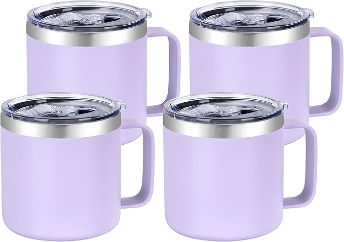 VEGOND 14 oz Insulated Coffee Mug Bulk with Handle, Stainless Steel Travel Coffee Mug with Lid, Double Wall Vacuum Metal Coffee Cup, Coffee Tumbler Powder Coated, Purple 4 Pack
