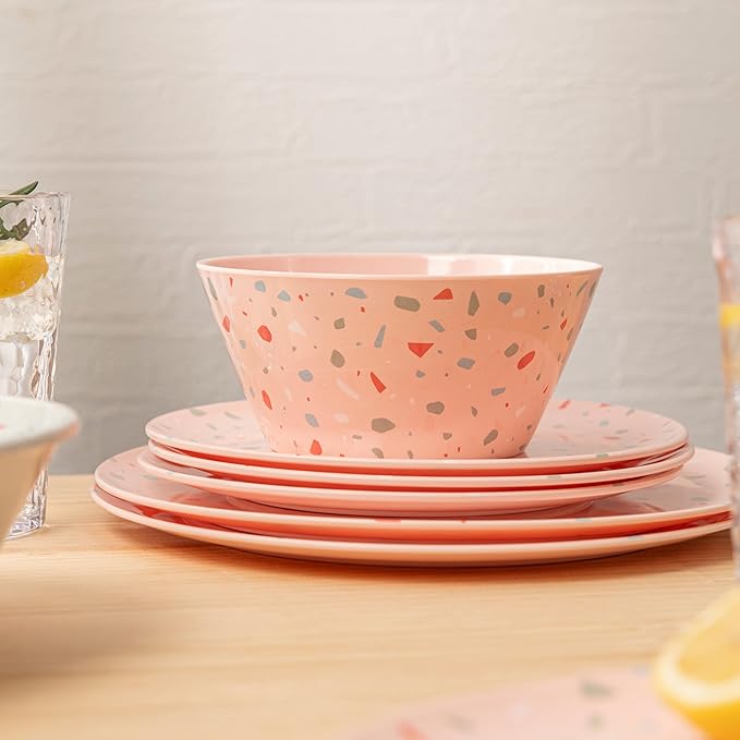 Bzyoo 12-Piece Melamine Dinnerware Set - Confetti Pink Plates and Bowl Lightweight BPA-Free Dishwasher Safe Dish Set for Indoor & Outdoor Use - Perfect for Camping, BBQs, Kids Parties