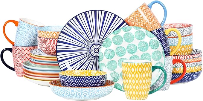 Selamica 30-Pieces Ceramic Dinnerware Sets for 6, Scratch Resistant Plates and Bowls Sets, Microwave and Dishwasher Safe, Assorted Colors