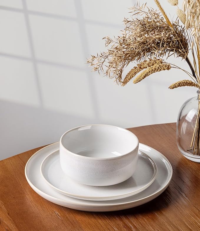 TheTerra Ceramic Dinnerware Sets for 4, 12 Pieces Handmade Reactive Glaze Plates and Bowls Set, Scratch Resistant Dish Set, Oven & Microwave & Dishwasher Safe, Star White