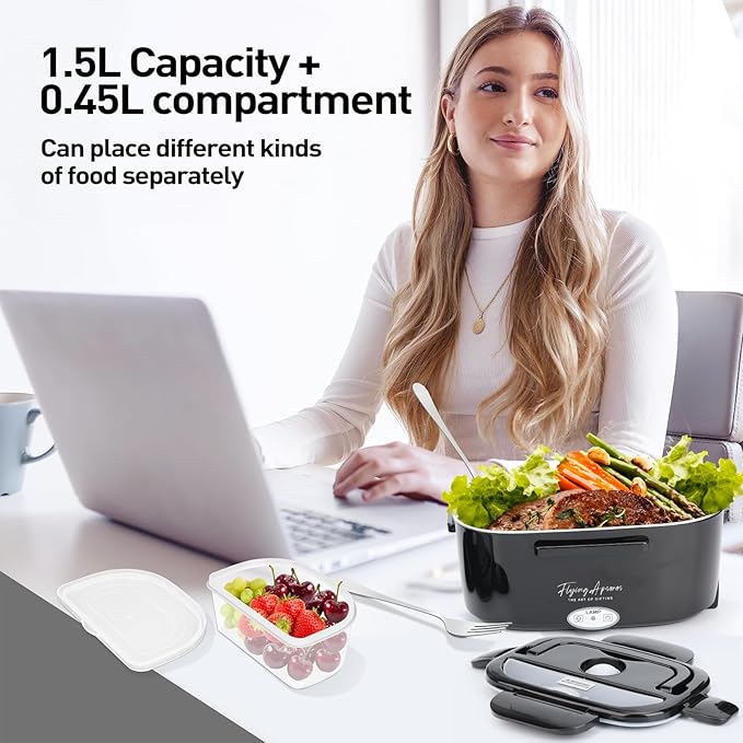 APSARAS USA Electric Lunch Box for Adults, 3 in1 Portable Leakproof Heated Lunch Box for Car/Truck/Men with 1.5L Removable 304SS Container, 60-80W, 12V/24V/110V With SS Fork Spoon&Carry Bag