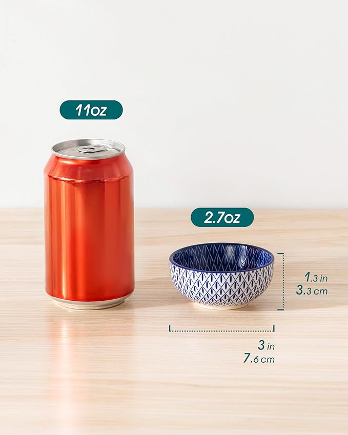 vancasso SELENE Ceramic 2.7 Oz Mini Dipping Bowls Set of 6, 3 Inch Small Dip Bowls for Sauce, Soy Sauce, Sushi, Condiments & Side Dishes, Microwave & Dishwasher Safe, Vintage Blue