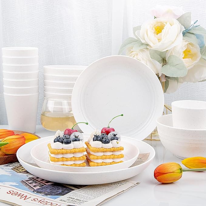 Supernal 32pcs Wheat Straw Dinnerware Sets, White Dishes for 8, Plates and Bowls Sets, Reusable Plastic Plates, Microwave Dishwasher Safe, White Plastic Dinnerware Set