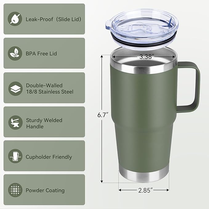 20oz Tumbler Bulk with Lid, Stainless Steel Tumbler Bulk with Handle, Metal Insulated Travel Coffee Mug Set with Handle, Double Wall Vacuum Leak Proof Tumbler Cup, Amy Green 12 Pack