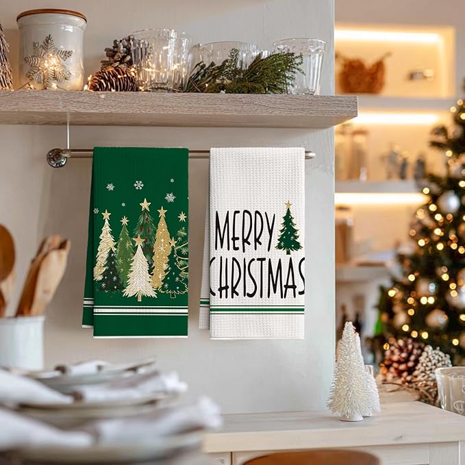 Artoid Mode Green Star Xmas Tree Merry Christmas Bar Kitchen Towels, 12x24 Inch Quick Dry Microfiber Cloth Dish Towels for Kitchen Drying Set of 2