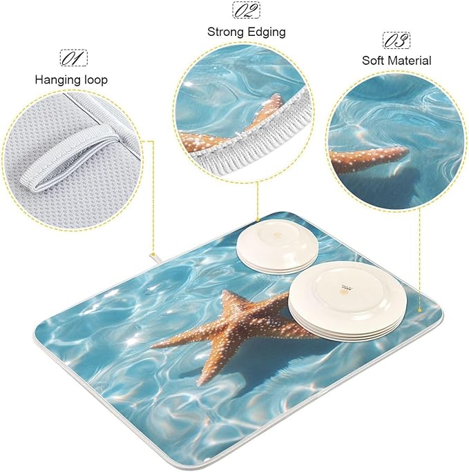 Starfish Floating Dish Drying Mat for Kitchen Counter Super Absorbent Dishes Pad Reversible Microfiber Protector Dish Draining Mats 18x24 inch
