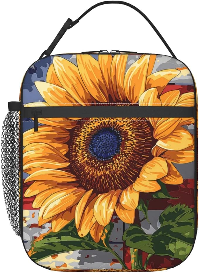 Sunflower Lunch Box for Kids Aldults, Patriotic Floral Reusable Thermal Insulation Cooler Tote Bags, American Flag Rustic Bloom Insulated Bag for Student, School Picnic Camping Travel, Gifts