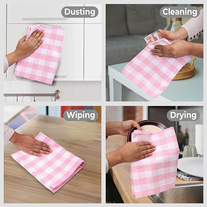 Urban Villa Kitchen Towels Set of 6 Buffalo Checks Pink/White Kitchen Towels 20X30 Inches 100% Cotton Highly Absorbent Kitchen Towels Premium Quality Ultra Soft Mitered Corners KitchenTowels
