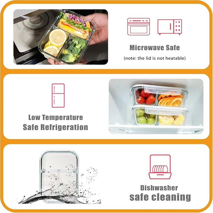 5-Pack Glass Storage Containers,Glass Food Container with Lid,Lunch Box,Bento Box,Storage Box,Meal Prep Containers,Lunch Containers, Fruit Preservation Boxes,Three-partition-White