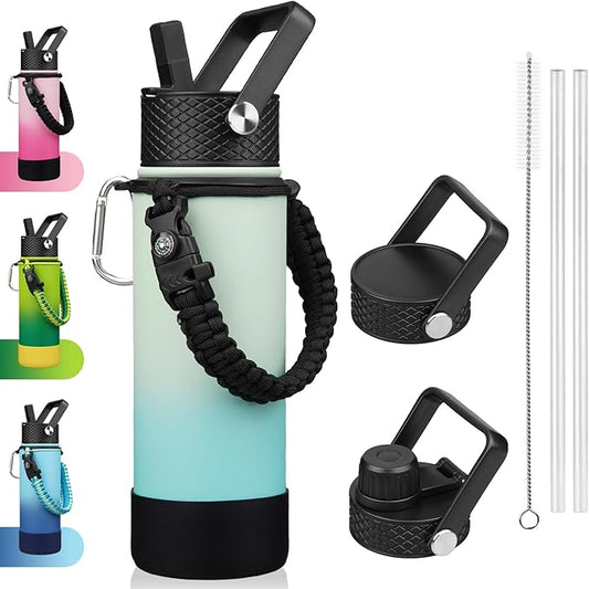 BJPKPK Insulated Water Bottle with Straw Lid, 22oz Thermo Water Bottles with 3 Lids, Paracord Handle & Non-slip Boot, BPA Free Leak Proof Stainless Steel Tumblers, Cups,Mint