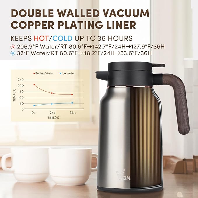 Vondior Coffee Carafe 51oz - 36 Hours Coffee Thermal- Insulated 304 Stainless Steel Hot Beverage Dispenser - Coffee Carafes For Keeping Hot/Cold Coffee, Tea, Water, Drink Dispenser for Parties