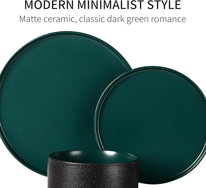GZG Classic Series - Plates and Bowls Set for 8, 24 Piece Stoneware Dinnerware Sets, Microwave and Dishwasher Safe Lead-Free Handcrafted Ceramic Dishes Set - Malachite Green