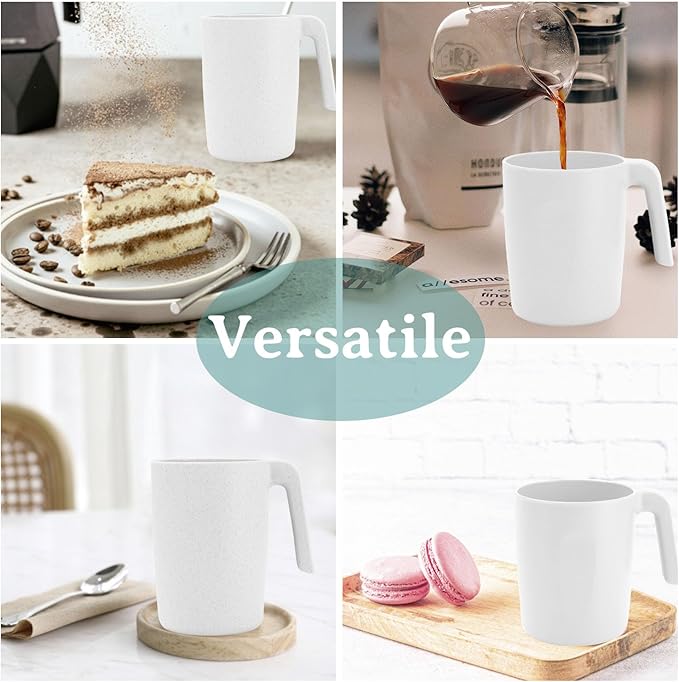 Wrova Wheat Straw Cups with Handles 16oz -Plastic Cups Reusable Set of 6-Unbreakable Coffee Mugs- Microwave & Dishwasher Safe Mug-Ideal Plastic Mugs for Tea,Coffee,Camping,RV-White