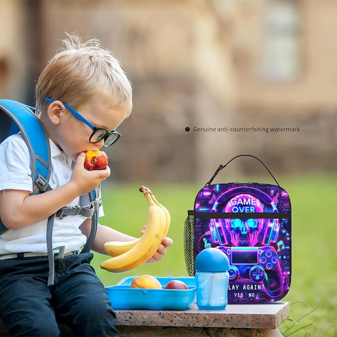 Video Game Insulated Lunch Box for Boys Girls Portable Game Lunch Bag for Kids Adult Teens School Work Office Travel Picnic Hiking Beach Cooler Reusable Waterproof Gaming Lunchbox