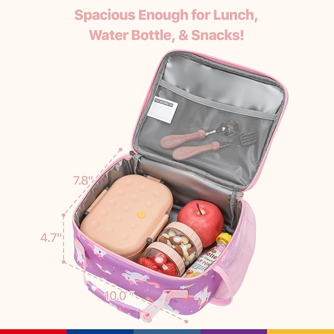 Bagseri Kids Lunch Bag for Girls - Insulated Kids Lunch Box for Daycare and School Reusable Meal Tote Bag with Water Bottle Holder, Easy-Clean Water-Resistant Fabric, Purple Cute Unicorn