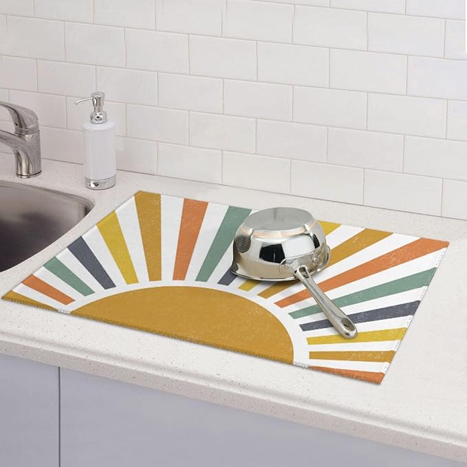 Sunshine Dish Drying Mat 18x24 for Kitchen Counter, Stripes Yellow Sun Decorative Absorbent Coffee Mat Dish Drying Pad Coffee Bar Dish Drainer Rack Mat Drainer Mat