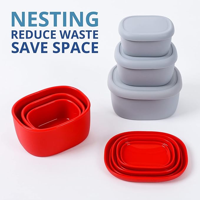 BLUE GINKGO Nesting Silicone Containers - Set of 3 Hard-Shell Silicone Food Storage Containers | BPA Free, Airtight, Dishwasher and Freezer Safe (6.7oz, 10oz, 20oz) - Red
