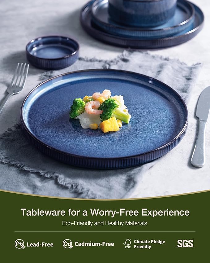 Famiware Star Dinnerware Set with Mugs, Service for 4 (16pcs), Ribbed Stoneware Plates and Bowls Dishes Sets - Chip & Scratch Resistant, Microwave & Dishwasher Safe, Nebulas Blue