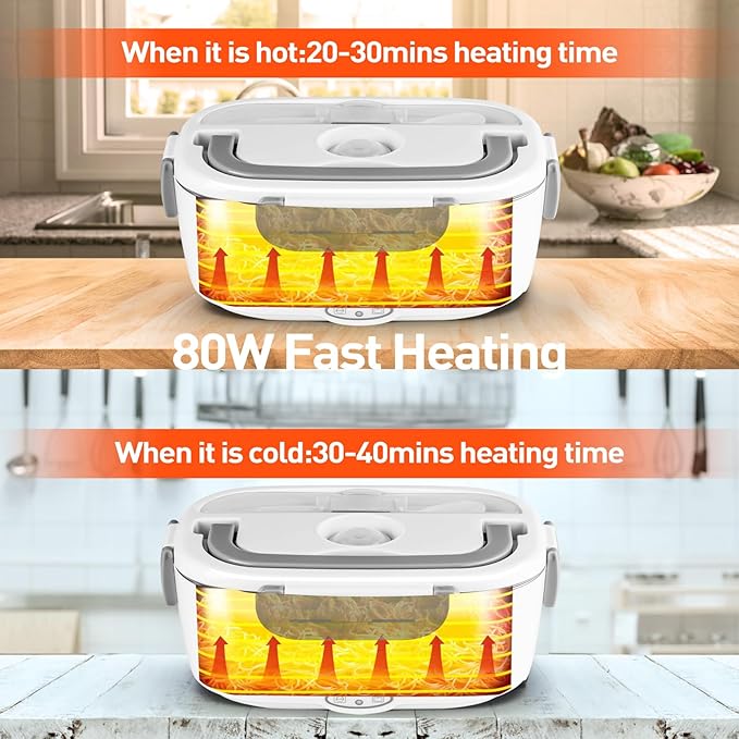 APSARAS USA Electric Lunch Box 60-80W Food Heater for Adults, 12/24/110V Portable Lunch Warmer Upgraded Heated Lunch Box for Car/Truck/Office with SS Fork&Spoon and Insulated Carry Bag (white)