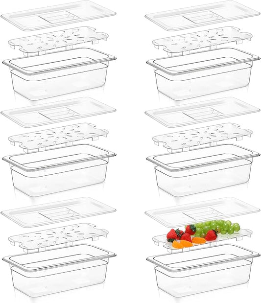 Sunnyray 6 Set 1/3 Size Polycarbonate Food Pans with Lids and Drain Shelf Clear Square Food Storage Containers for Kitchen Restaurant Fruit Vegetable Food Container and Storage (4 Inch Deep)