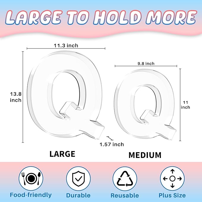 13.8" Extra Large Acrylic Letter Charcuterie Board Box, Reusable Fillable Letter Cake Candy Dish Display Serving Tray for Birthday Anniversary Party Decoration (Q)