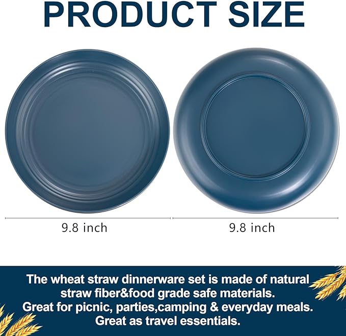 Supernal 16pcs Dark Blue Wheat Straw Plates,Deep Dinner Plates Set,Premium Reusable Plastic Plates,Unbreakable Party Plates,Dishwasher & Microwave Safe for Camping, Picnic