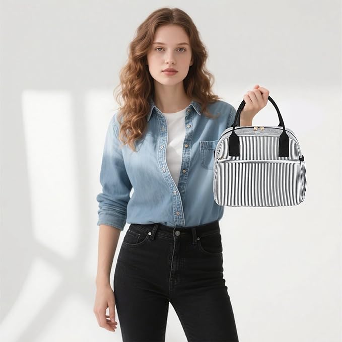 CAMTOP Lunch Box for Women Men Insulated Lunch Bag Lunch Tote Bag Leakproof Thermal Cooler Large Capacity for Travel Work School Picnic (Black white stripes)