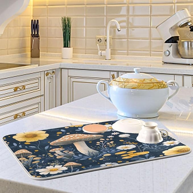 Wildflowers and Mushrooms Dish Drying Mat for Kitchen Counter Super Absorbent Dishes Pad Reversible Microfiber Protector Dish Draining Mats 18x24 inch