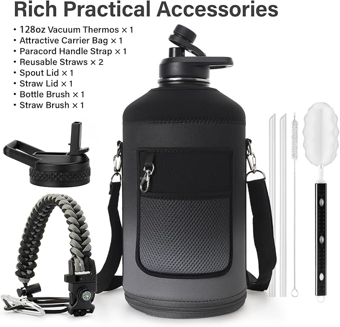 1 Gallon Water Bottle Insulated | Thickened Stainless Steel Vacuum Metal Water Jug | Portable Sports Large for Gym and Hiking with Straw, Carrier Bag, Handle Strap | BPA-Free 128 oz