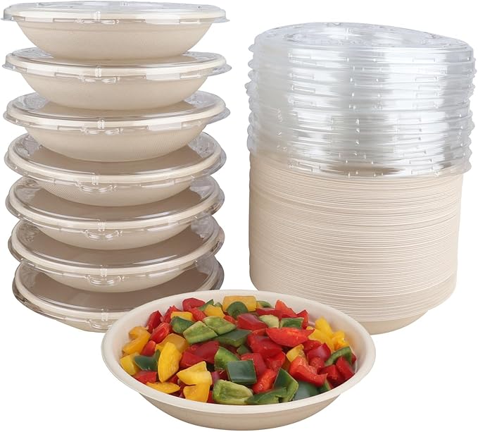 24 oz Round Disposable salad bowls with lids,Sugarcane Paper Bowls take away food containers Bagasse Plant Fibers 50 Pack