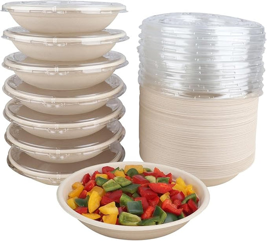 24 oz Round Disposable salad bowls with lids,Sugarcane Paper Bowls take away food containers Bagasse Plant Fibers 50 Pack