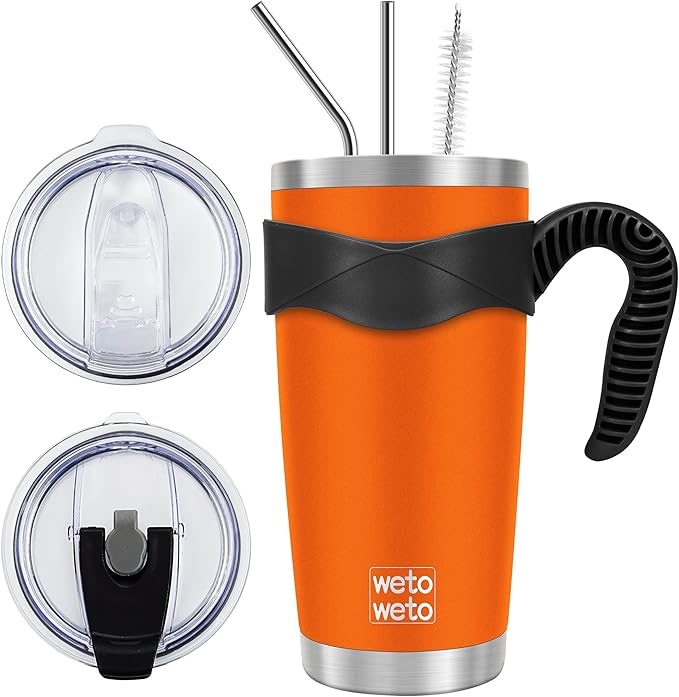 WETOWETO 20oz Tumbler with 2 lids and 2 straws, Stainless Steel Vacuum Insulated Water Coffee Tumbler Cup, Double Wall Powder Coated Spill-Proof Travel Mug Thermal Cup (Orange, 1 Pack)