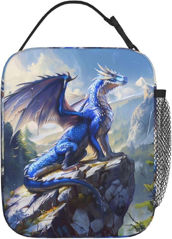 Reusable Blue Dragon Lunch Box for Kids Girls Boys Women Adult, Insulated Mountain Fantasy Art Lunch Bag,Polyester Cooler Handbags Case for School Picnic Work Travel Beach or Hiking