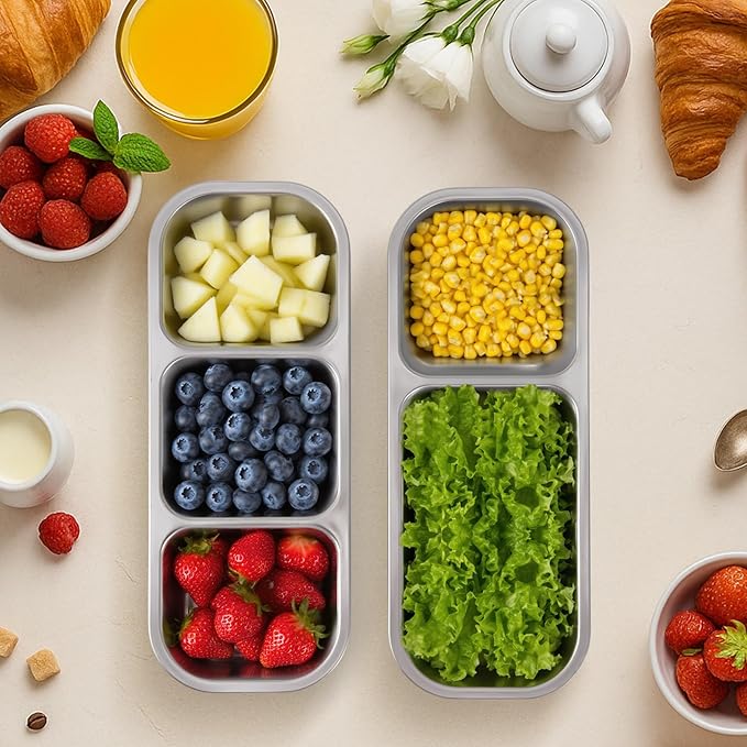 2 Pack Stainless Steel Snack Containers, Reusable 3 Compartment + 2 Compartment Condiment Box with Lids snack box, Food Storage Lunchable Containers for Home, School, Work, Travel